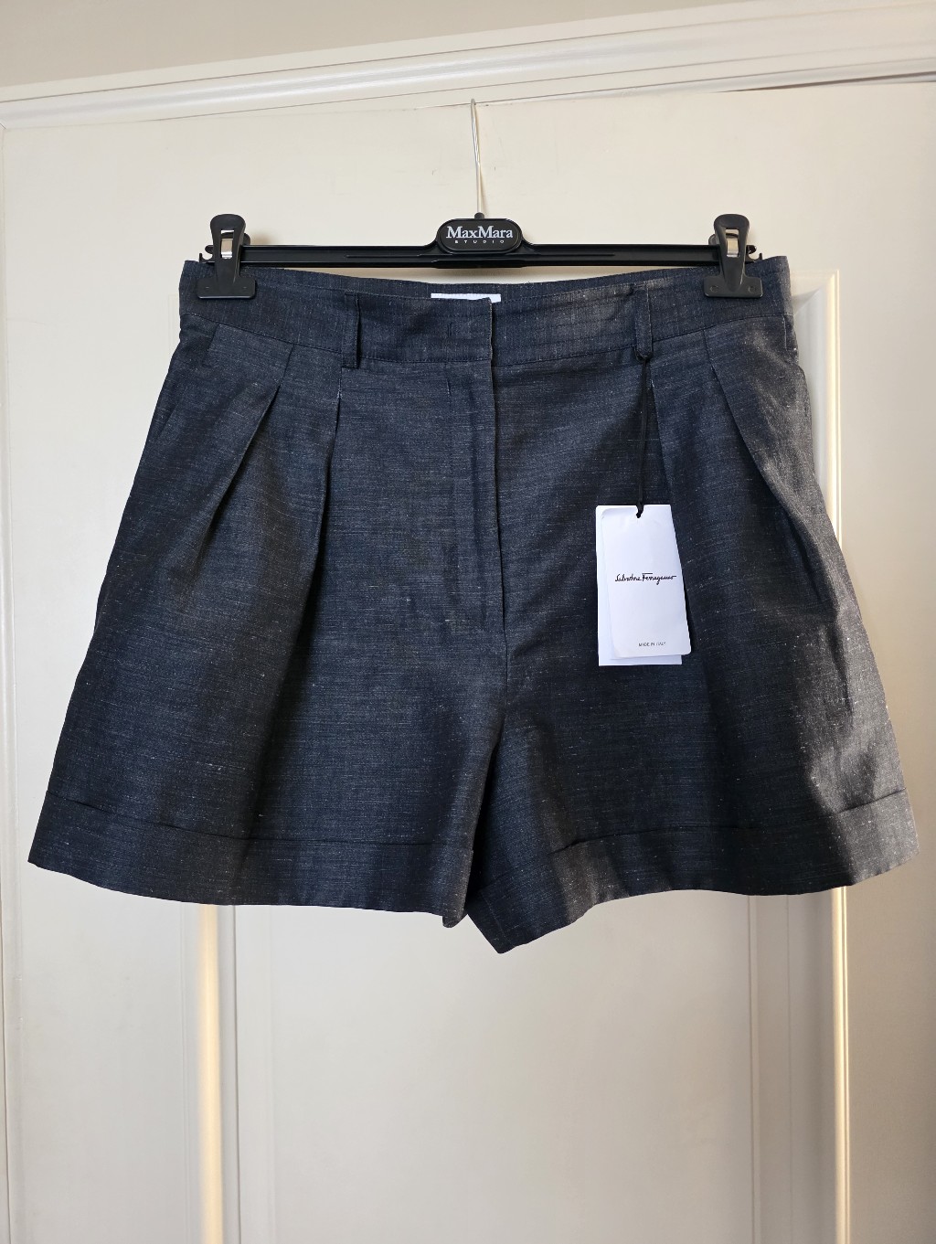 Salvatore Ferragamol Pleated Linen Shorts, Size 46